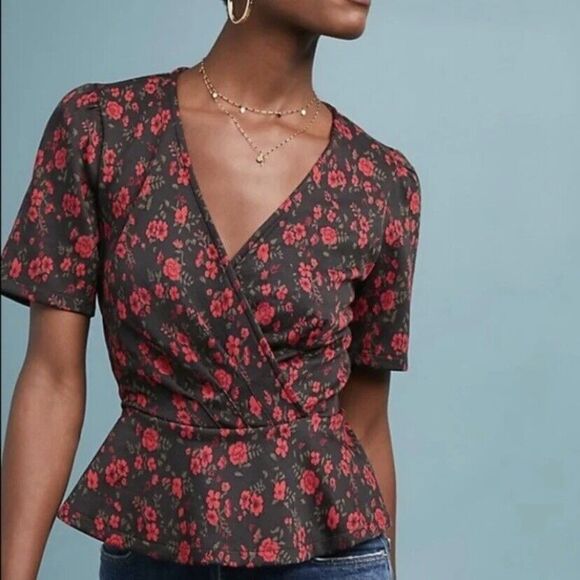 Anthropologie Tops - ANTHROPOLOGIE MEADOW RUE sz S Heartland red Rose floral peplum blouse EUC